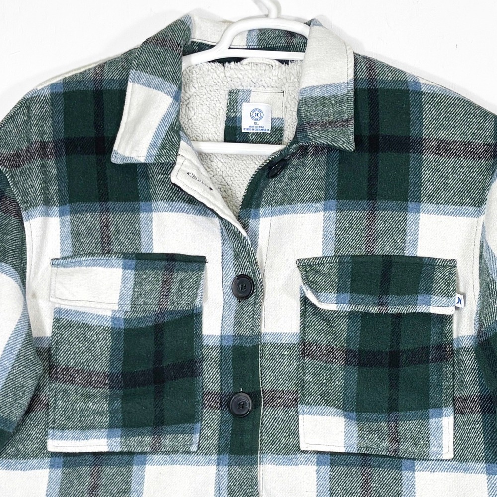 Hurley Cropped Shacket Womens XL Plaid Sherpa Button Up Lined Gorpcore Jacket
